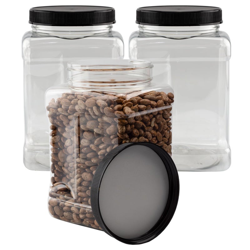 Cornucopia Brands 48oz Square Plastic Jars (3-Pack); Clear Rectangular 6-Cup Canisters w/Black Lids, Easy-Grip Side - Image 1